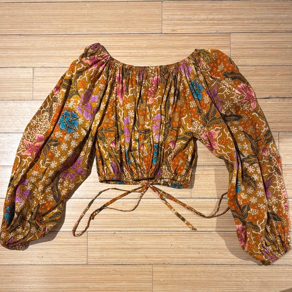 Charina Sarte Brown and Gold Floral Print Smocked Tie Front Crop Blouse